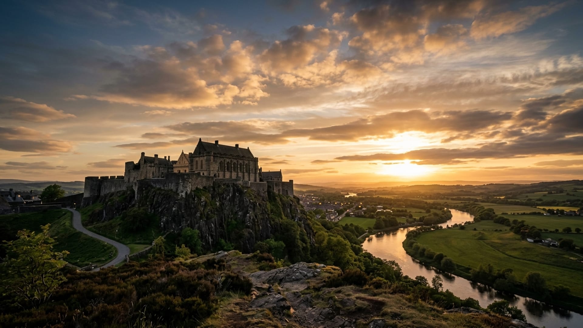 Stirling Castle rising on its rocky crag above the River Forth at golden hour, the Great Hall and ramparts silhouetted against a warm Scottish sky